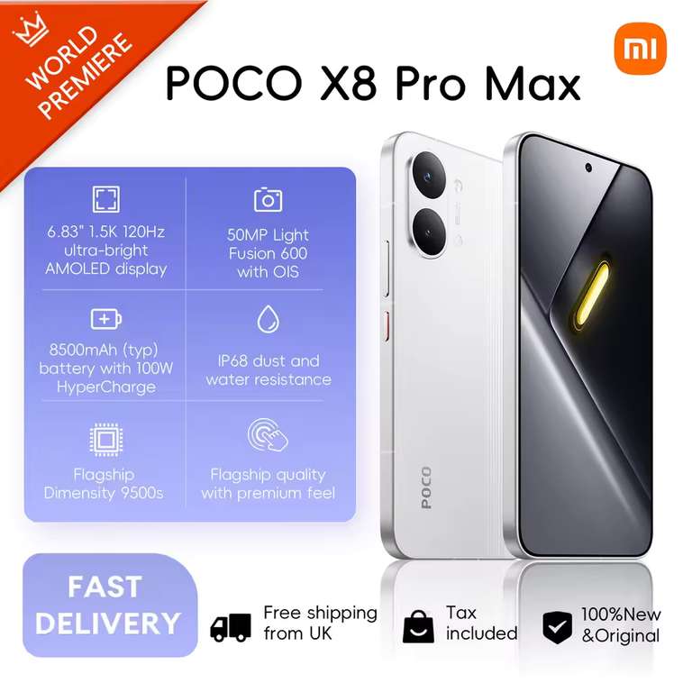 POCO X8 Pro Max 5G 12+256GB Global Version 6.83" 1.5K 120Hz display MediaTek Dimensity 9500s 50MP 8500mAh 100W HyperCharge NFC Xiaomi TSW