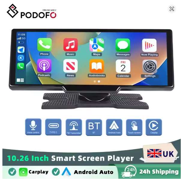 Podofo 10.26" Wireless Carplay Android Auto Portable Digital Dashboard, Smart Player With Voice Control, New customer - w/Code, By Podofo UK