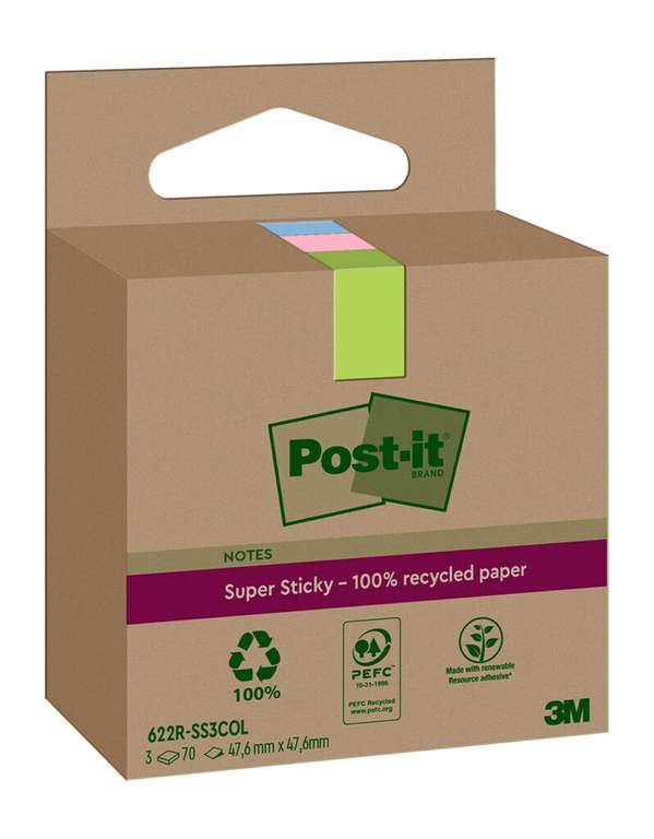 Post-it Super Sticky 100% Recycled Notes, Pack of 3 Pads,