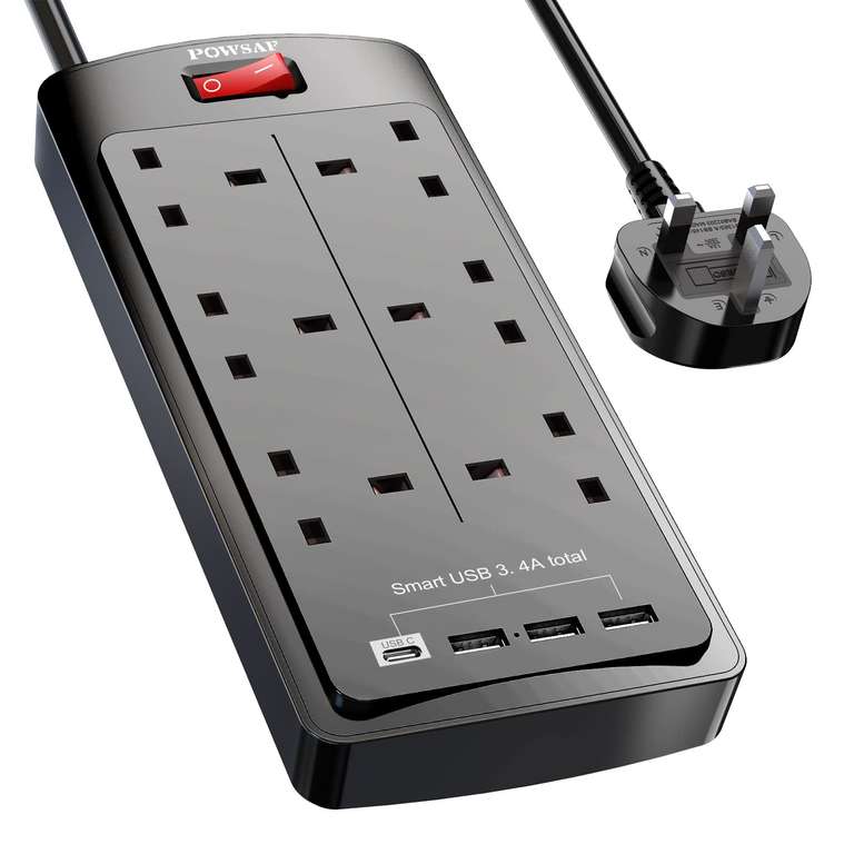 POWSAF 6 Way Extension Lead with 4 USB Slots (3.4A, 1 Type C and 3 USB-A Ports)