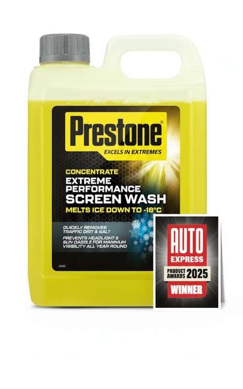 Prestone Screenwash Concentrate 2.5L, Screen Wash For Cars - Winter, High Performance Cleaning With Streak Free Formula, w/voucher