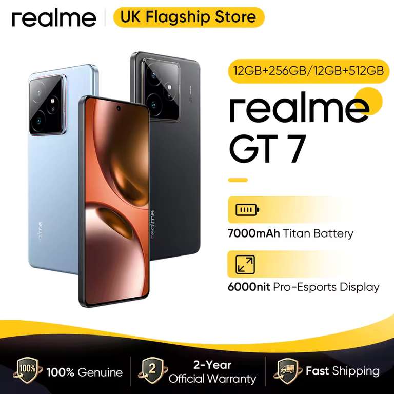 Realme GT 7 6.78" Smartphone ( 12GB+512GB / eSIM / IP69 /telephoto/ Dimensity 9400e / 7000mAh /120W Fast Charge)w/c@Realme UK Flagship Store