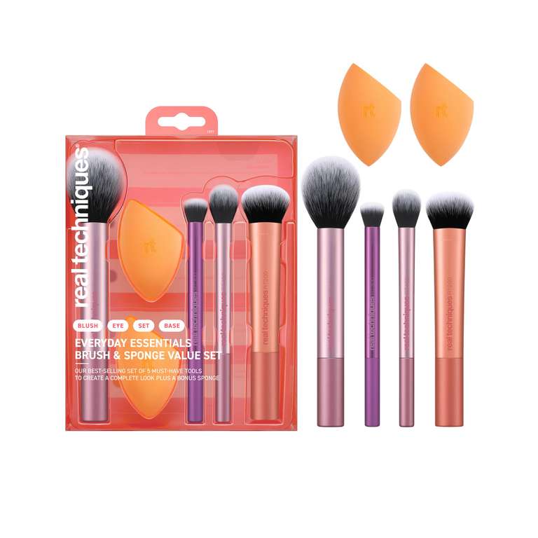 Real Techniques Everyday Essentials + Makeup Sponge Kit - 4 Makeup Brushes & 2 Makeup Blender Sponges, 6 Piece Set