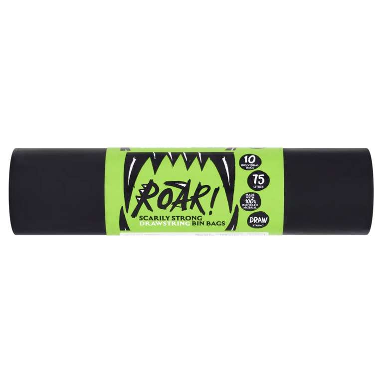 Roar! Bin Bags 75 Litres, 10 Double Drawstring Ultra Strong Black Refuse Sacks, 100% Recycled Plastic