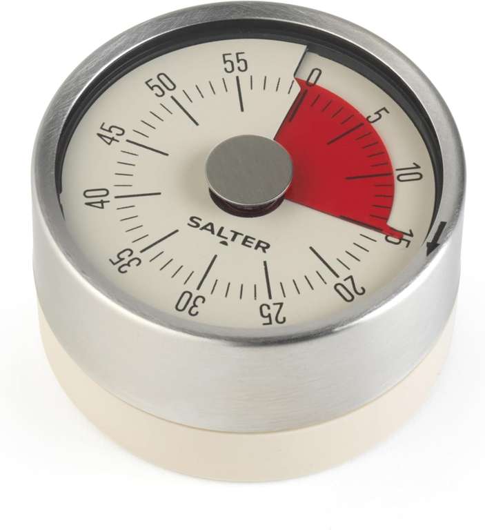 Salter Magnetic Mechanical Timer – Magnetic Base, 60- Minute Countdown Markers, No Batteries Needed, Stainless Steel