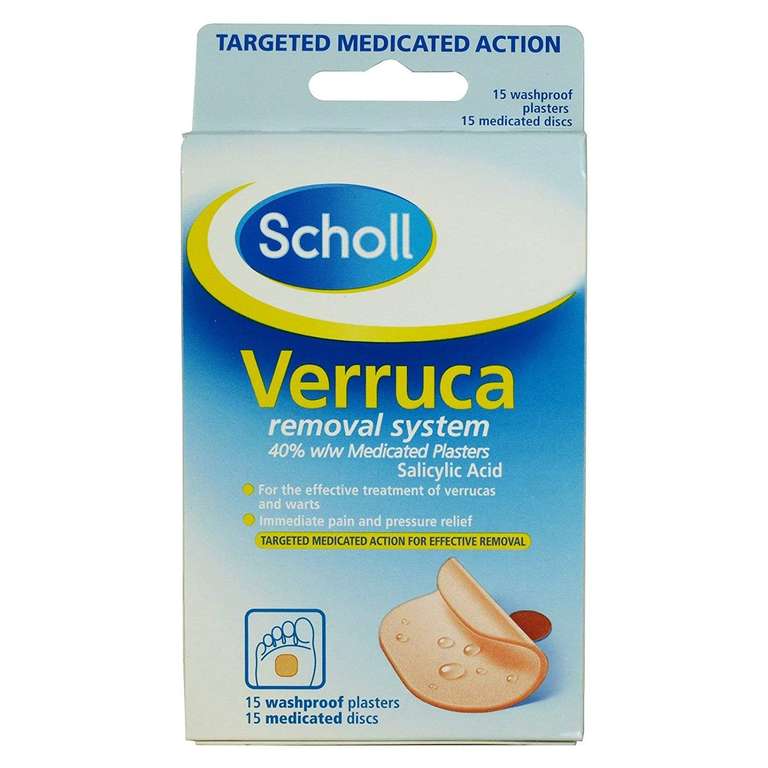 Scholl Verruca Removal System - 15 Washproof Plasters & Medicated Discs, with Salicylic Acid