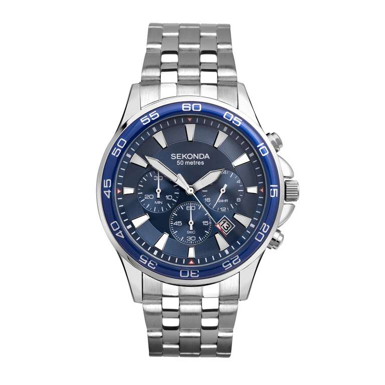 Sekonda Jenson Mens 44mm Chronograph Quartz Watch with Stainless Steel Bracelet Date Window 50m Water Resistant