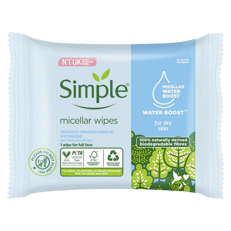 Simple Micellar Wipes 3 X 20 wipes (60 wipes total) - S&S £2.61 with 10% voucher and Max S&S