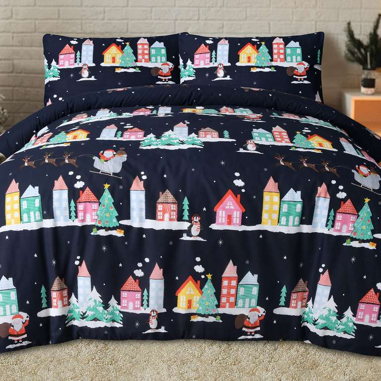 Sleepdown Santa Town Xmas Festive Navy Reversible Duvet Cover Quilt Bedding Set - Double (200cm x 200cm)