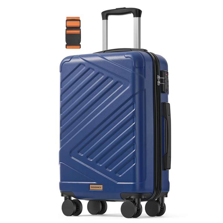 SONGMICS Hard Shell Suitcase, ABS Luggage Trolley with TSA Lock, 4 Double Spinner Wheels with Strap, Cabin Suitcase 55 cm, in Black