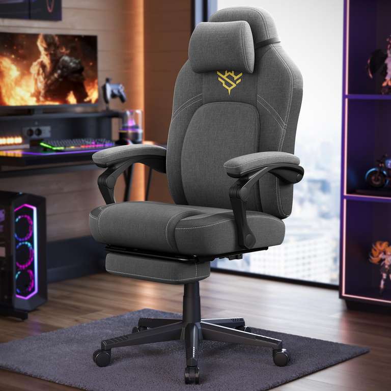 SONGMICS HOME Gaming Chair with Footrest, Cotton-Linen Fabric, Dove Grey, OBG072G02