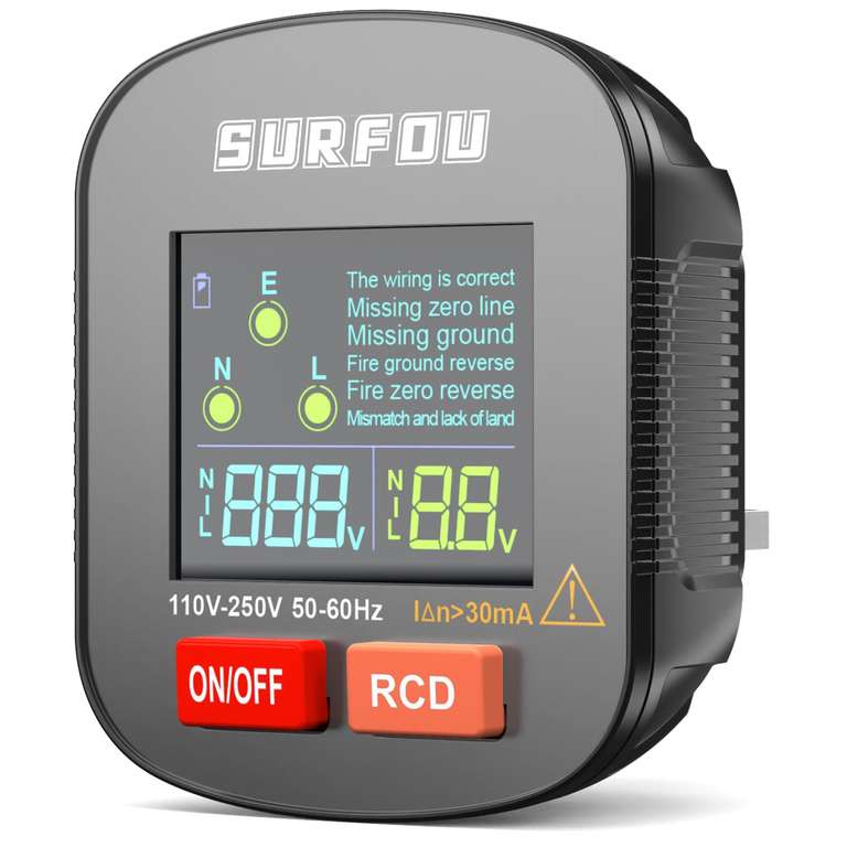 SURFOU Socket Tester UK, Electric Voltage Test Plug Tools with LCD Display 110v-250v, 50-60Hz, RCD Circuit Breaker, Power Meters