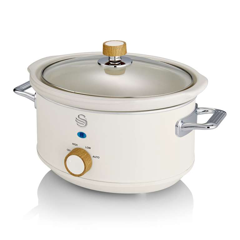 Swan Nordic Slow Cooker with 3 Temperature Settings, Ceramic Pot and Glass Lid, 3.5L - White