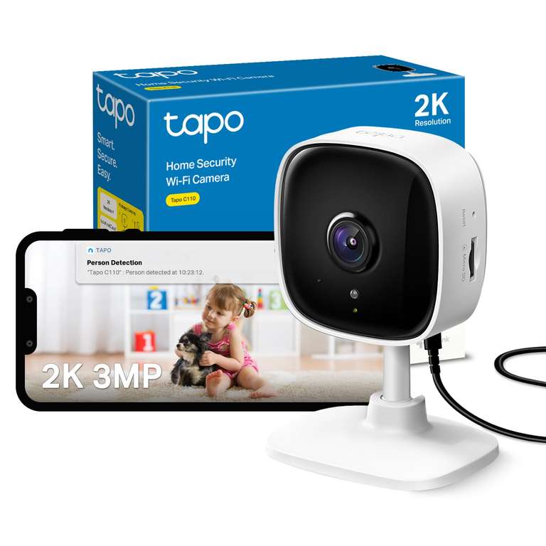 Tapo C110 2K 3MP Indoor Camera House Security, WiFi, No Monthly Fee, AI Detection, Dog Puppy, Baby Monitor, 2-way Talk Advanced Night Vision