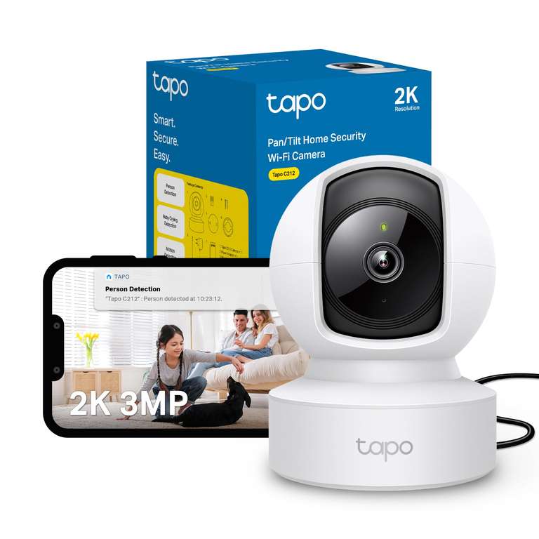 Tapo C212 Pan/Tilt Indoor Camera, 2K 3MP Security Camera, No Monthly Fee, Smart Motion Person Detection, Ethernet or Wi-Fi Connection
