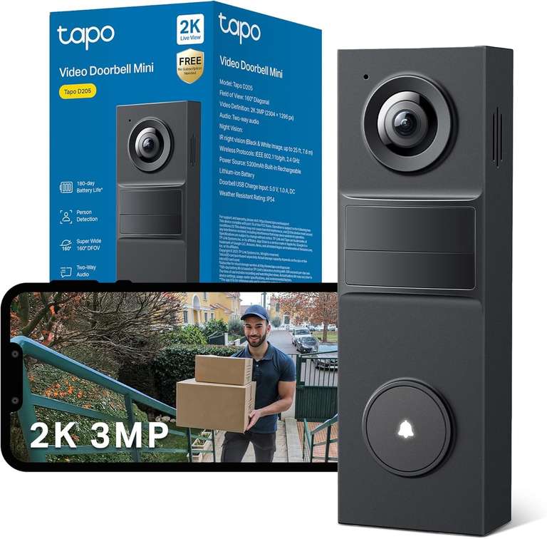 Tapo D205 2K 3MP Battery Video Doorbell Wireless, No Monthly Fee,160° FOV Ultra-Wide, 2 Way Audio