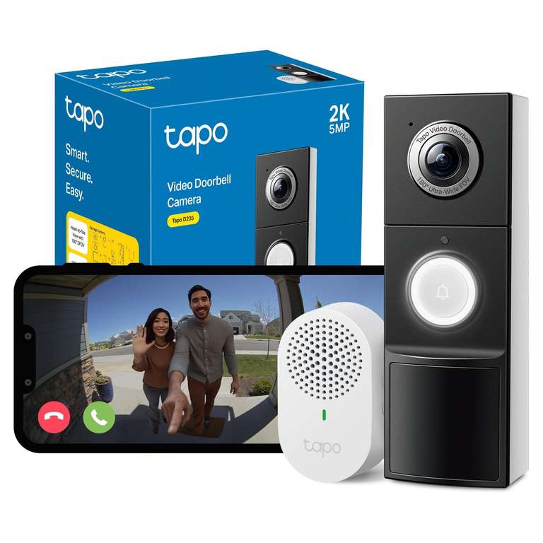Tapo D235 2K 5MP Doorbell Wireless 180°DFOV Ultra-Wide Video Doorbell Wireless or Wired,Battery 210 Day,Ring Chime Included,Head-to-Toe View