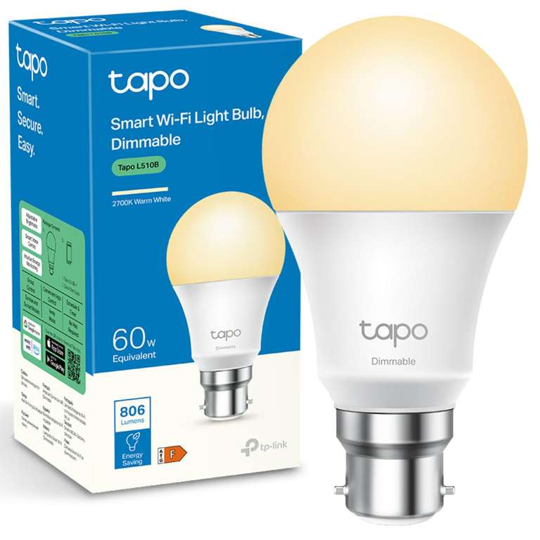 Tapo L510B WiFi Smart Light Bulb, B22, 8.3W (60W), Dimmable, Schedule & Timer