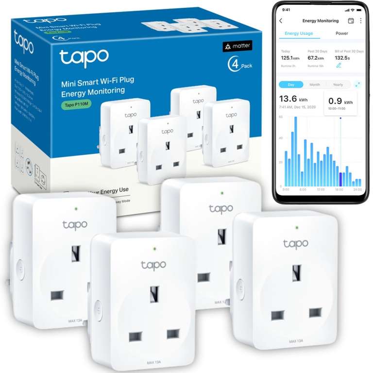 Tapo P110M (4-pack) Smart Plug, WiFi Plug, Energy Monitoring, Electricity Usage Monitor, MATTER Certified
