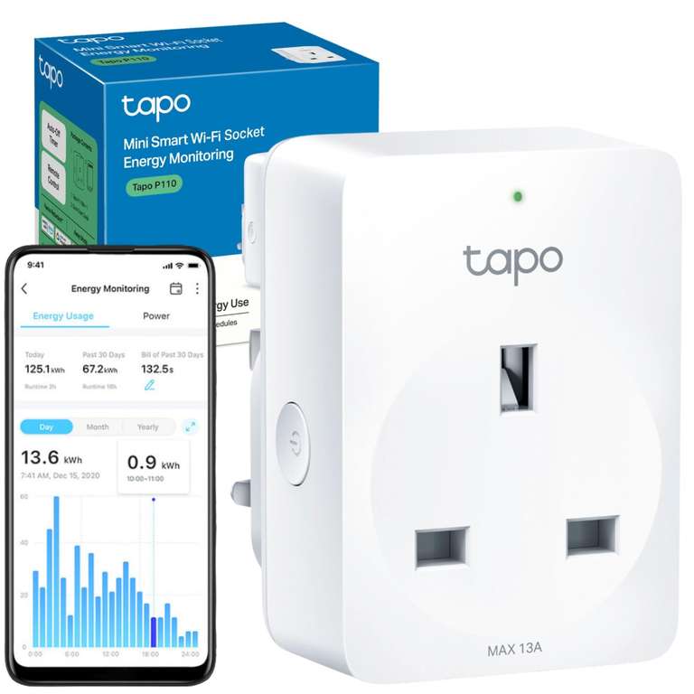 101° - Tapo P110 Smart Plug with Energy Monitoring, Schedule & Timer, Away Mode, Wi-Fi