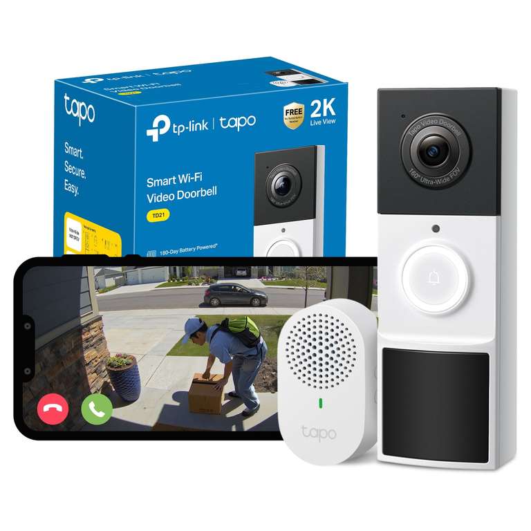 Tapo TD21 Battery Video Doorbell Wireless 2K 3MP Ultra-Clear Doorbell Camera, Ring Chime Included, Color Night, 160°DFOV Ultra-Wide, TP-Link