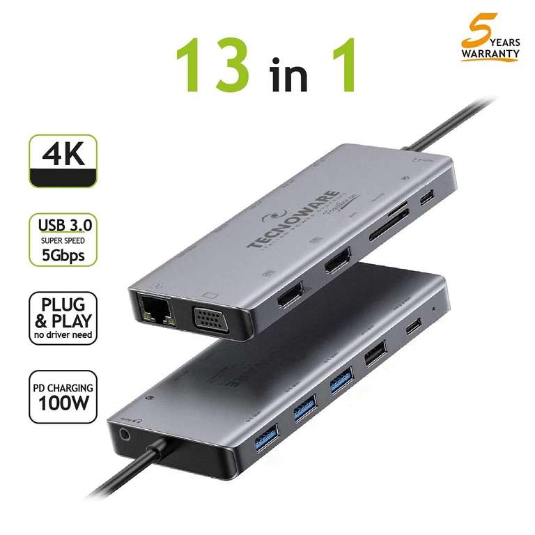 Tecnoware Power Systems Tecnoware 13-in-1 USB-C Hub 4K HDMI Ethernet SD MacBook - Auto Code - Soldby STOCK UK