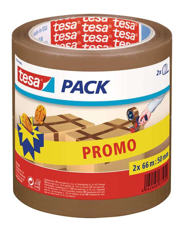 tesa Pack – Universal Adhesive Tape for Packing, Sealing and Packaging, Made of PP, Tear and UV Resistant – 2 x 66 m x 50 mm – Brown