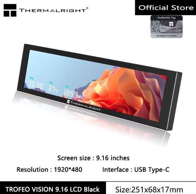 Thermalright TROFEO VISION LCD IPS full-color LCD screen，9.16 inches/magnetic/1920*480 resolution/USB Type-C port Display screen