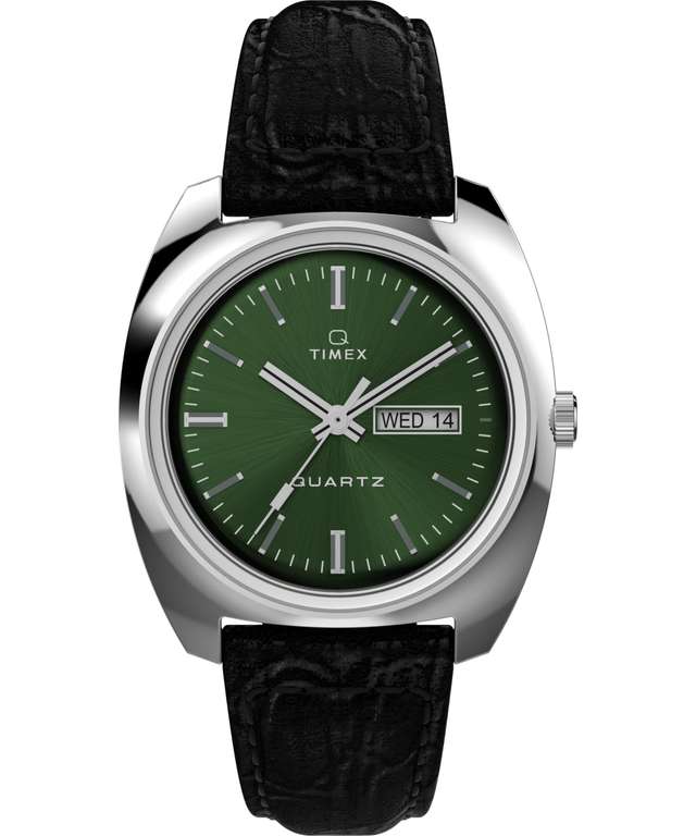 Timex Men's Q 1978 Watch - Black Leather Two-Piece Quick Release Strap Green Dial Stainless Steel Case TW2W44700