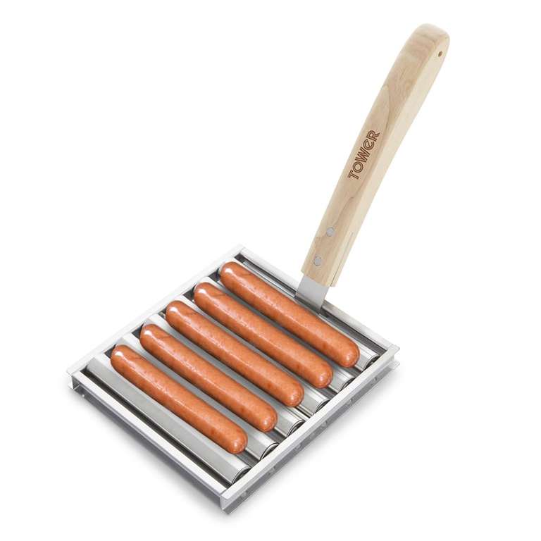 Tower BBQ Hot Dog Roller with Wooden Stay Cool Handle, Stainless Steel, T932024