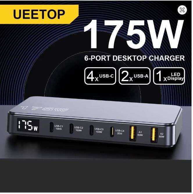 Ueetop 175W GaN USB C Charger LED Display 6-Port - PD 100W PPS 45W Fast Charging - With Code - Sold by UEETOP Choice Store