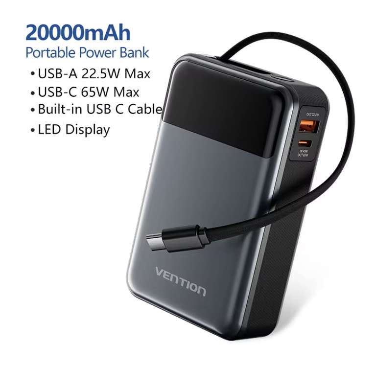 Vention 65W Power Bank 20000mAh Built-in USB-C Cable (with perk discount) VEnTIOn Official Store