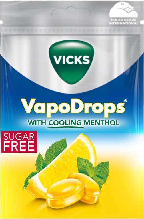 VICKS VapoDrops Lemon, Sugar Free Vegan Lozenges With Lemon Flavour and Menthol, Pack 72g