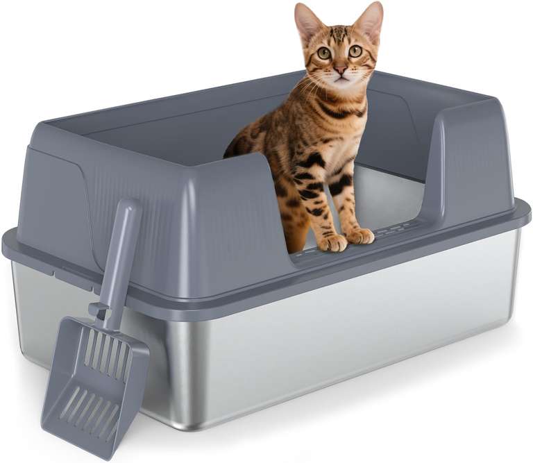 Vivifying Stainless Steel Cat Litter Tray, Easy to Clean and Odour-Resistant XL Stainless Steel Cat Litter Box (Grey)
