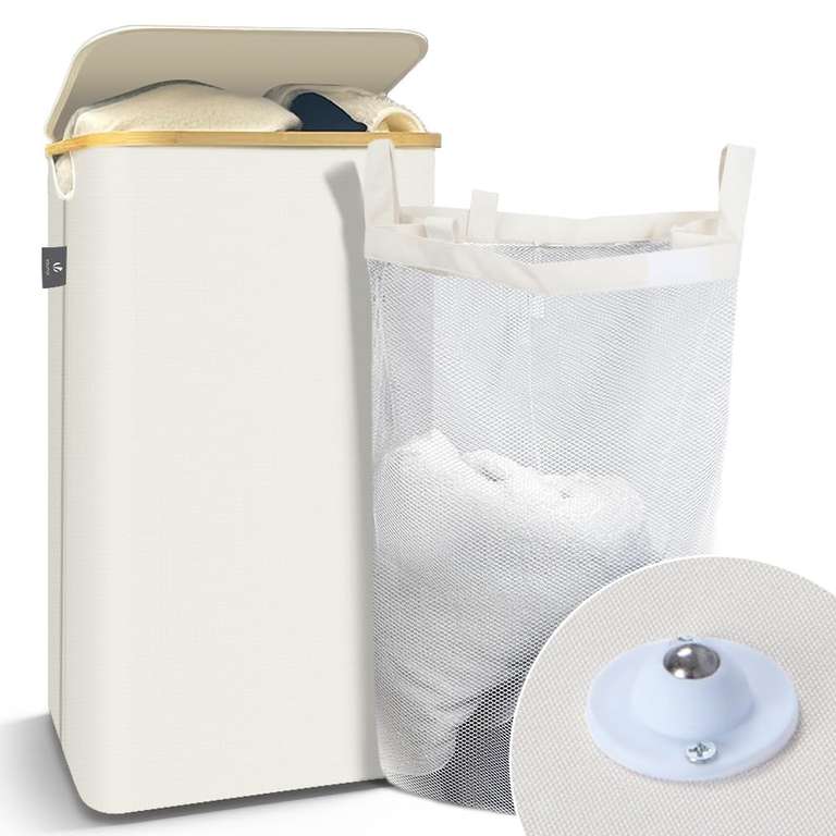 VOUNOT Foldable Laundry Basket 100L with Lid Handles, Collapsible Linen Basket with Inner Laundry Bags