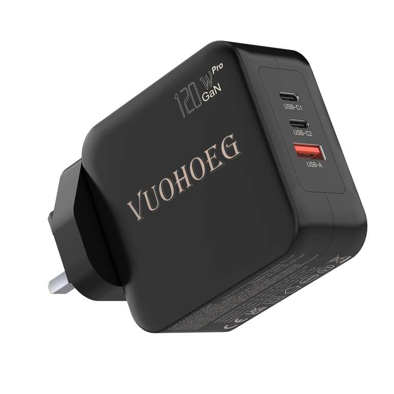 120W GaN USB C Charger Plug UK, 3-Port Fast Wall Charger (2 USB-C + USB-A) - sold by Herculese FBA