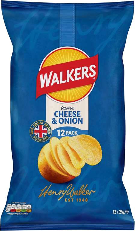 Walkers Cheese & Onion Multipack Crisps 12x25g - £2.15 / £2.03 S&S