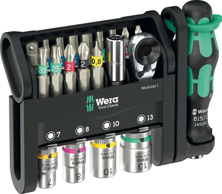 Wera Tool-Check Modular 1, 21 Pieces - With Bitholding Screwdriver & Ratchet for 1/4" Hex Drive Bits
