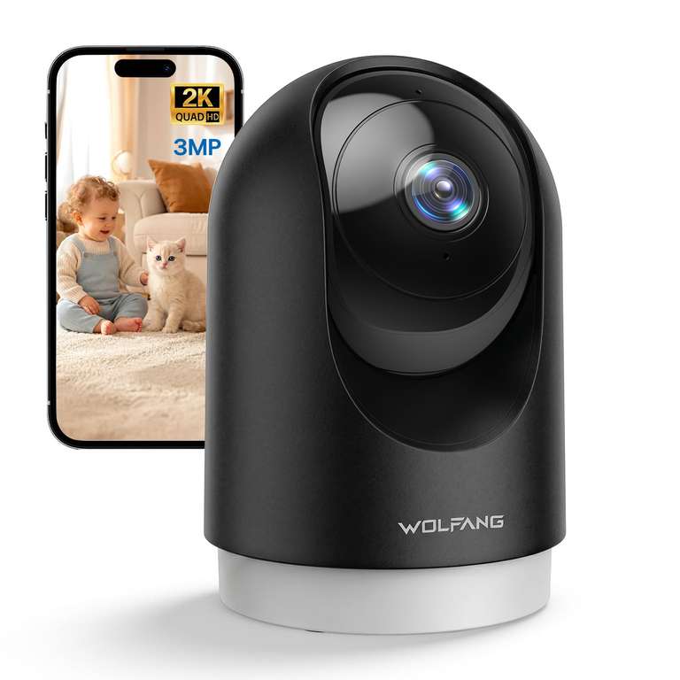 WOLFANG 2K Indoor Camera with Motion Detection, Wi-Fi Security Camera with Night Vision No Monthly Fee Wolfgang FBA
