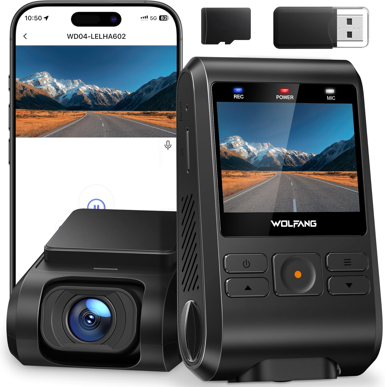 WOLFANG Dash Cam Front, 1440P Mini WiFi DashCam for Cars, 2’’ IPS Car Camera with SD Card, Dash Cam with Parking Monitor, Night Vision