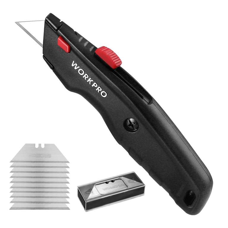 WORKPRO Premium Utility Knife, Metal Retractable Box Cutter with Quick-Change Blade - Black, Blue, Red