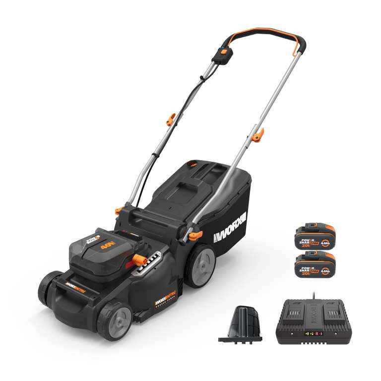 WORX WG737E 40V Brushless Lawnmower 37cm, IntelliCut, 550m², 2x 4.0Ah Batteries & Charger, 2-in-1 Mulch & Collect, 6 Height, 5Yr Warranty