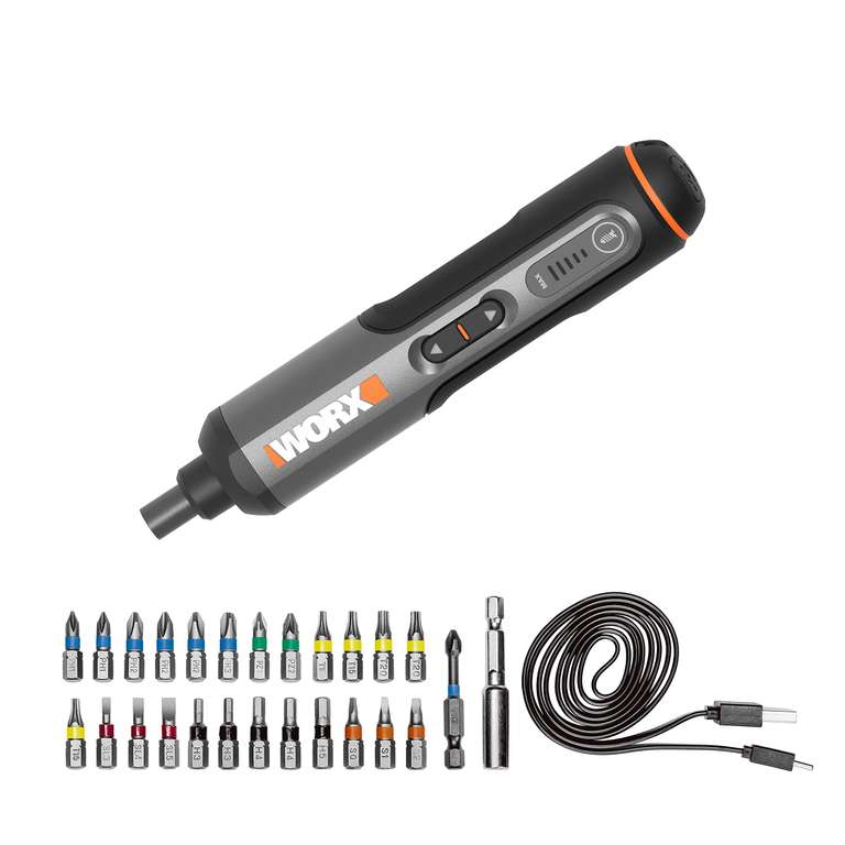 WORX WX240 3.6V (4V MAX) Mini Electric Screwdriver with 3-Gear Torque, 5Nm Power, 24pc Screwdriver Bits