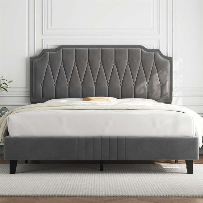 Yaheetech 5ft King Bed Frame Upholstered Platform Bed with Adjustable Button Tufted Headboard Dark Grey King Bed Sold By YaheetechUK