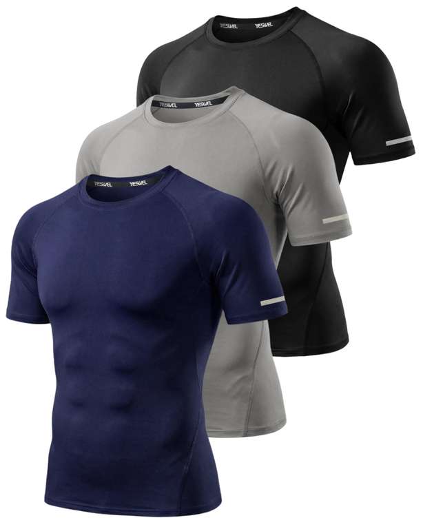 YESWEL 3 Pack Mens Compression Gym T-Shirts Quick Dry Fit - Multicolour / White / Black, Sizes M - XL- Sold By LAYOSH ISHN LTD FBA