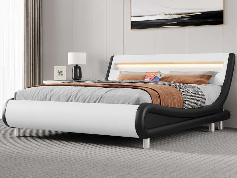 YITAHOME King Size Bed Frame, Upholstered Led with Lights & Storage Charging Station