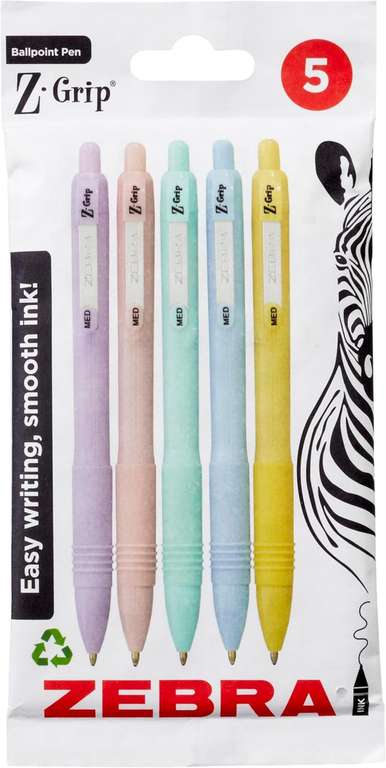 Zebra Pen Z-GRIP Smooth Ballpoint Pens Black Ink 5pk - Pastel Barrel 1mm Medium Point Retractable